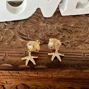 Gold Starfish Shell Rhinestone Amethyst Earrings